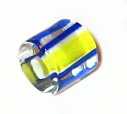Cylindre moyen verre pop blanc/jaune ligné bleu 9x10mm / 10 perles